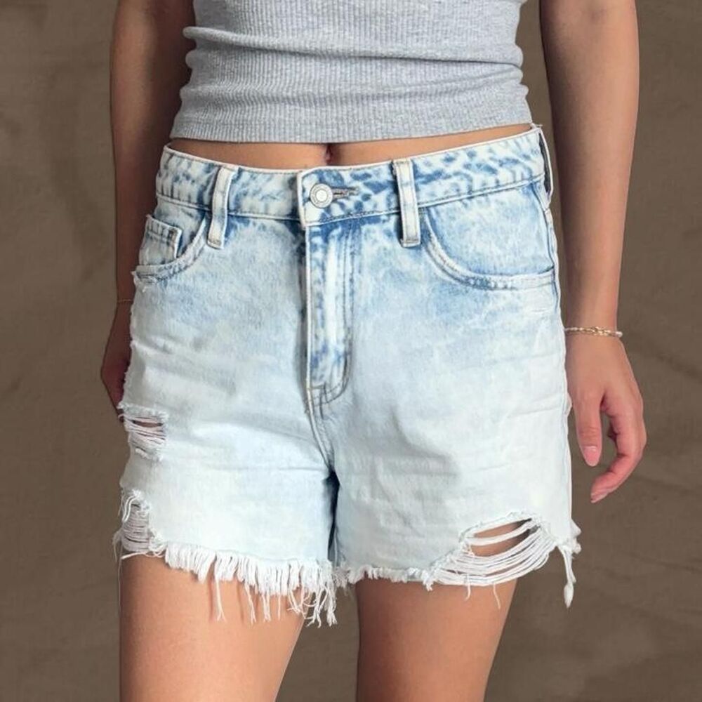 Vervet light blue denim shorts with frayed hem mom shorts